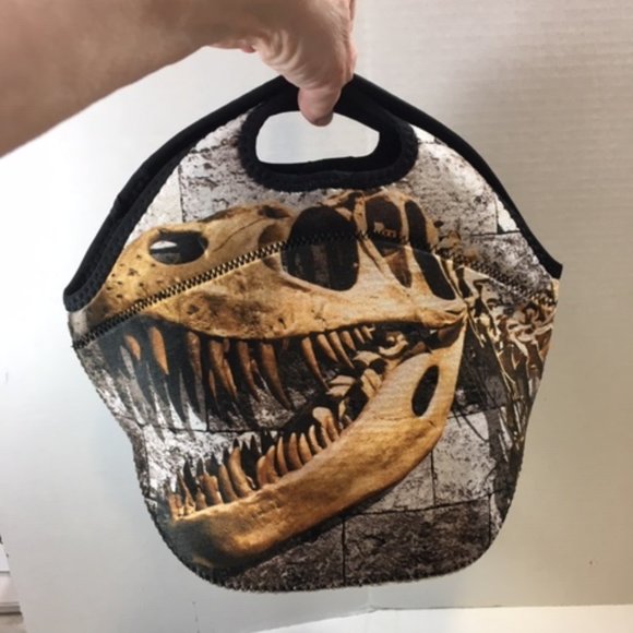 Tyrannosaurus Rex Skeleton Next to Stone Wall Neoprene Lunch Bag 12x6.5x10.5 - Picture 3 of 16